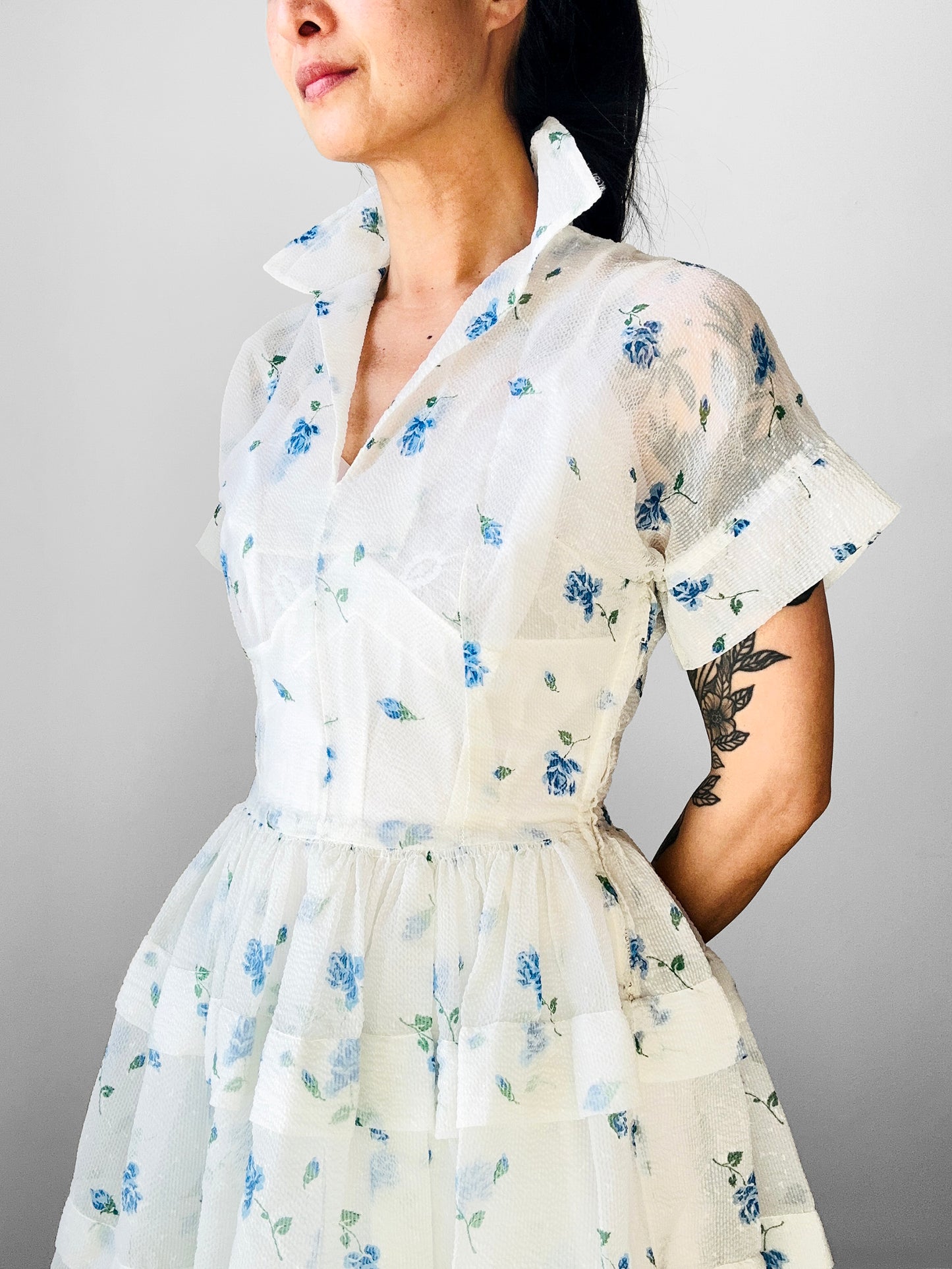 Vintage 1950s - 1960s Handmade White and Blue Sheer Crinoline Floral Tiered Dress - Sz. S