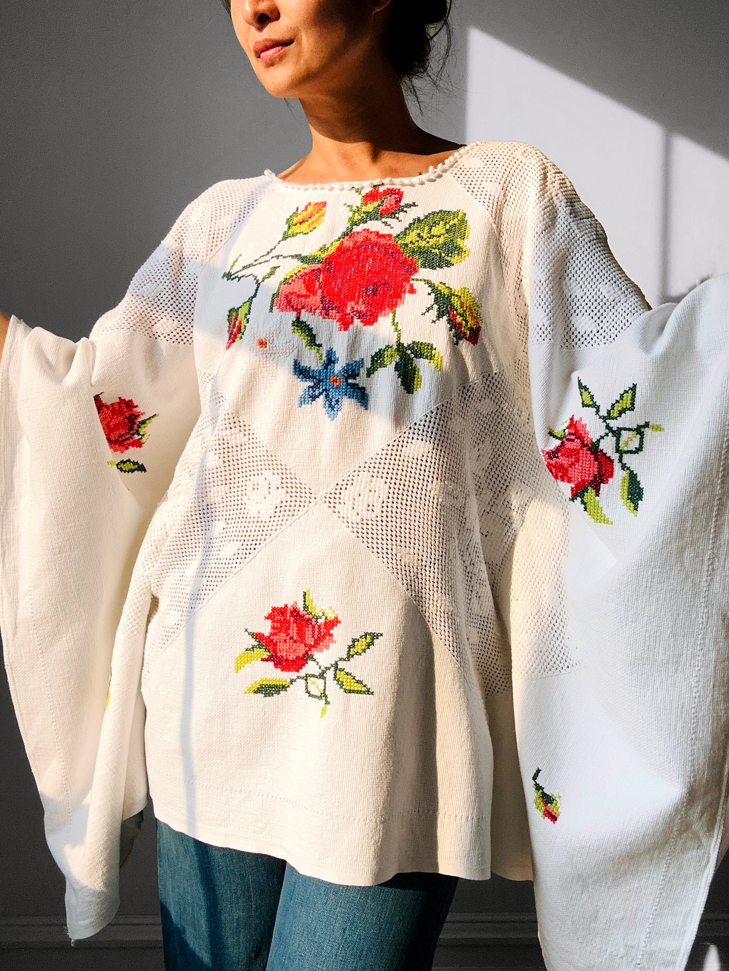 Reworked White Cross Stitch Cotton Tablecloth Top -  Sz. S/M