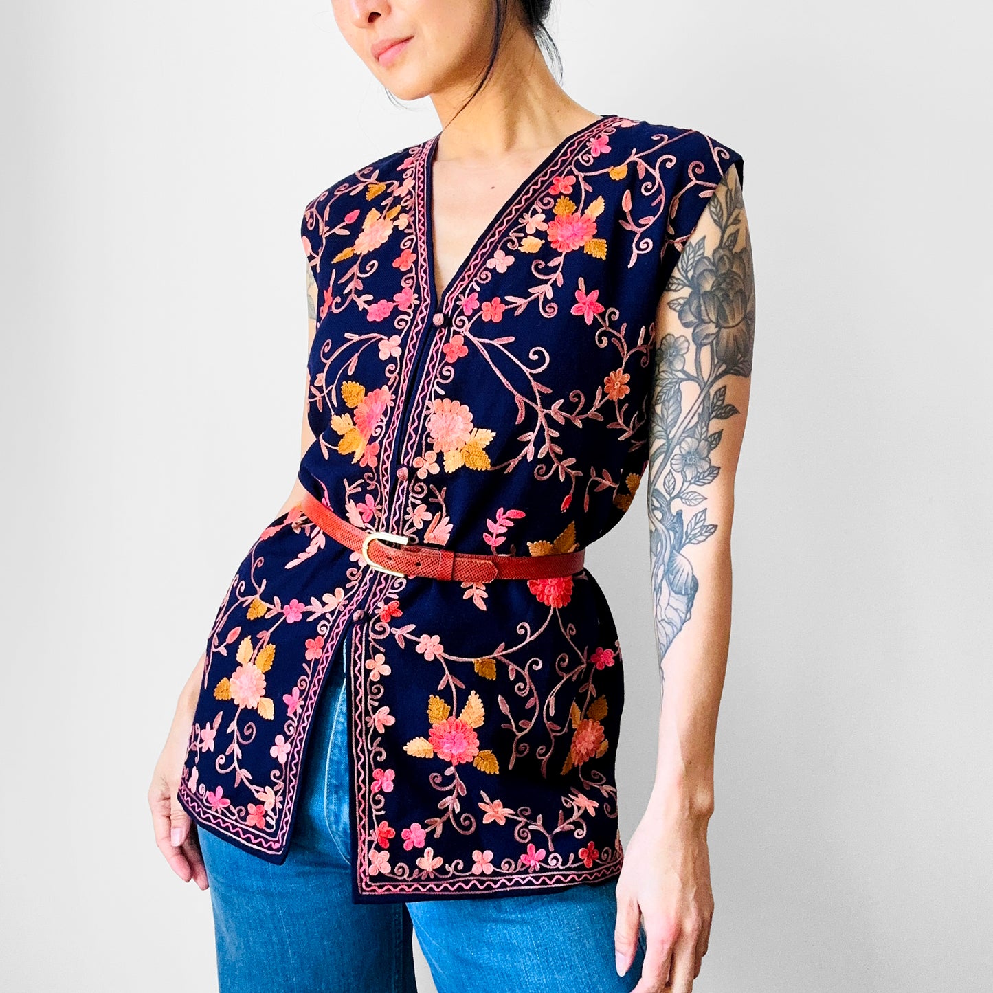 1970s Eggplant Floral Embroidered Wool Vest - Sz. M