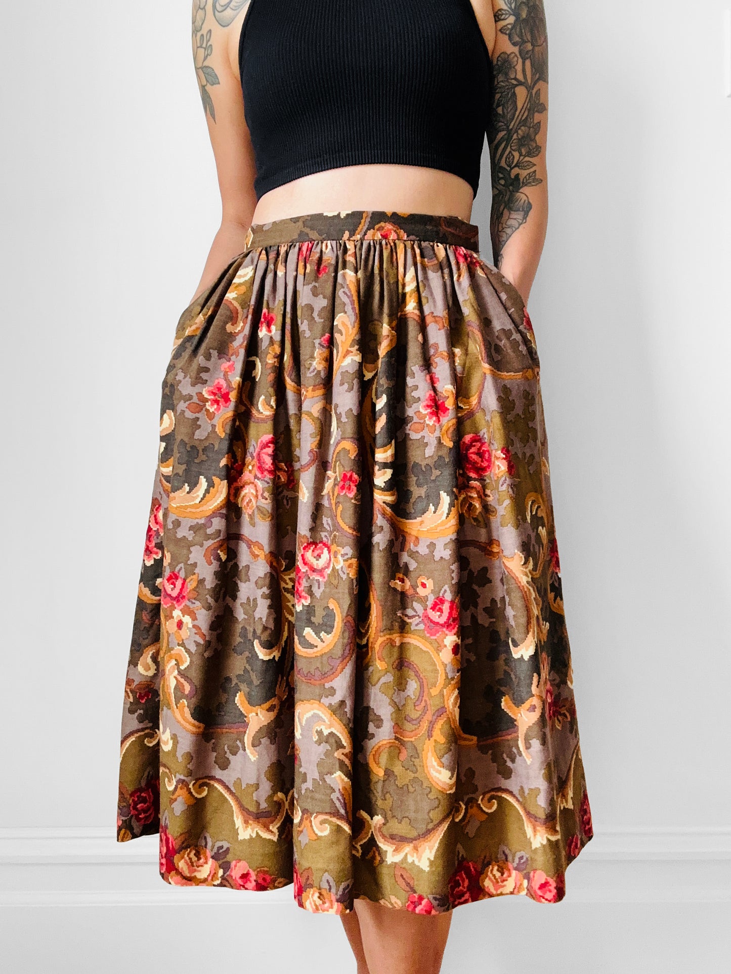 1980s Olive and Pink Pixel Floral Wool Skirt - Sz. XS/Sm