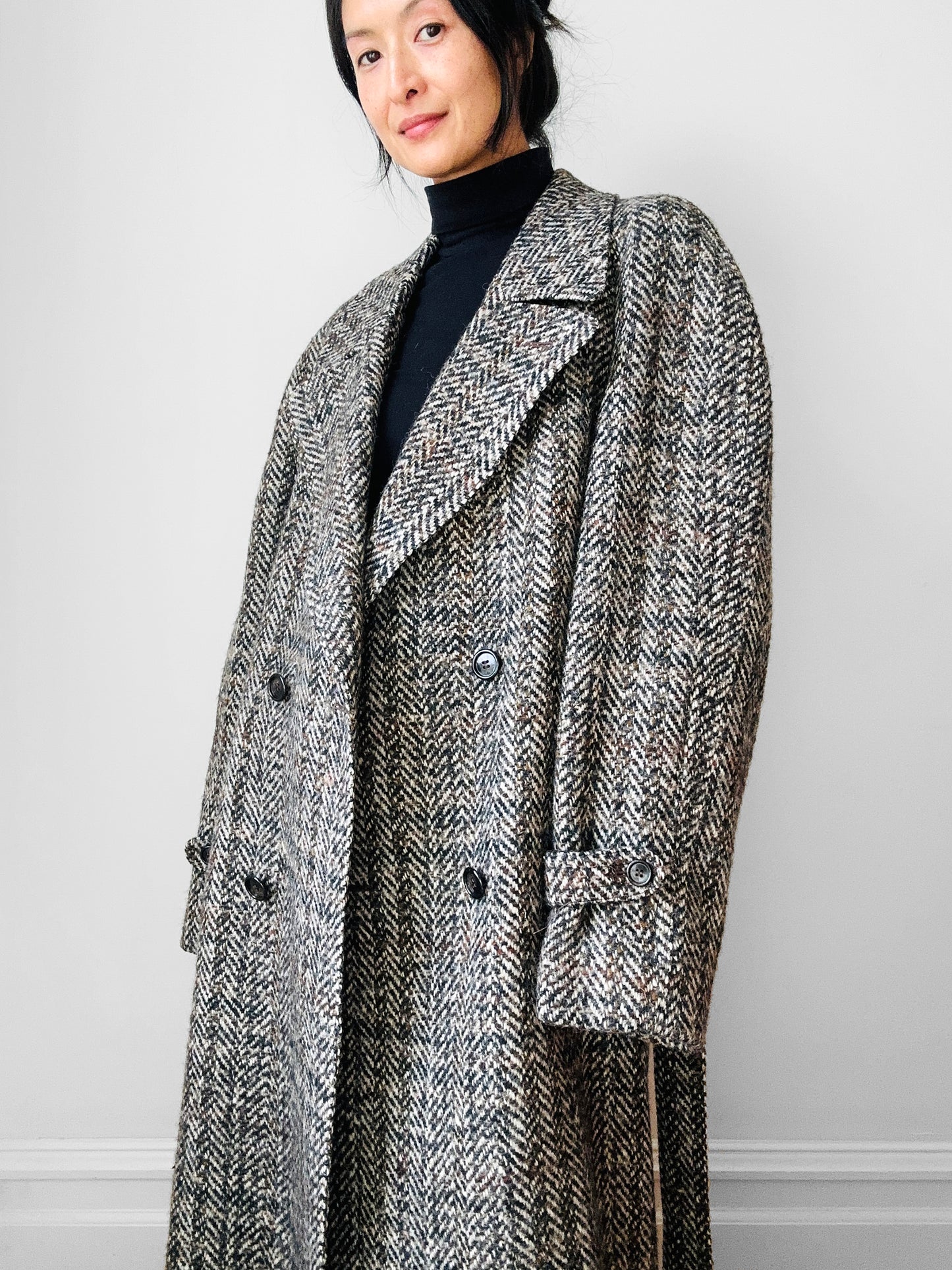 1960s Grey Brown Wool Tweed Picadilly Canada Belted Overcoat - Sz. L/XL