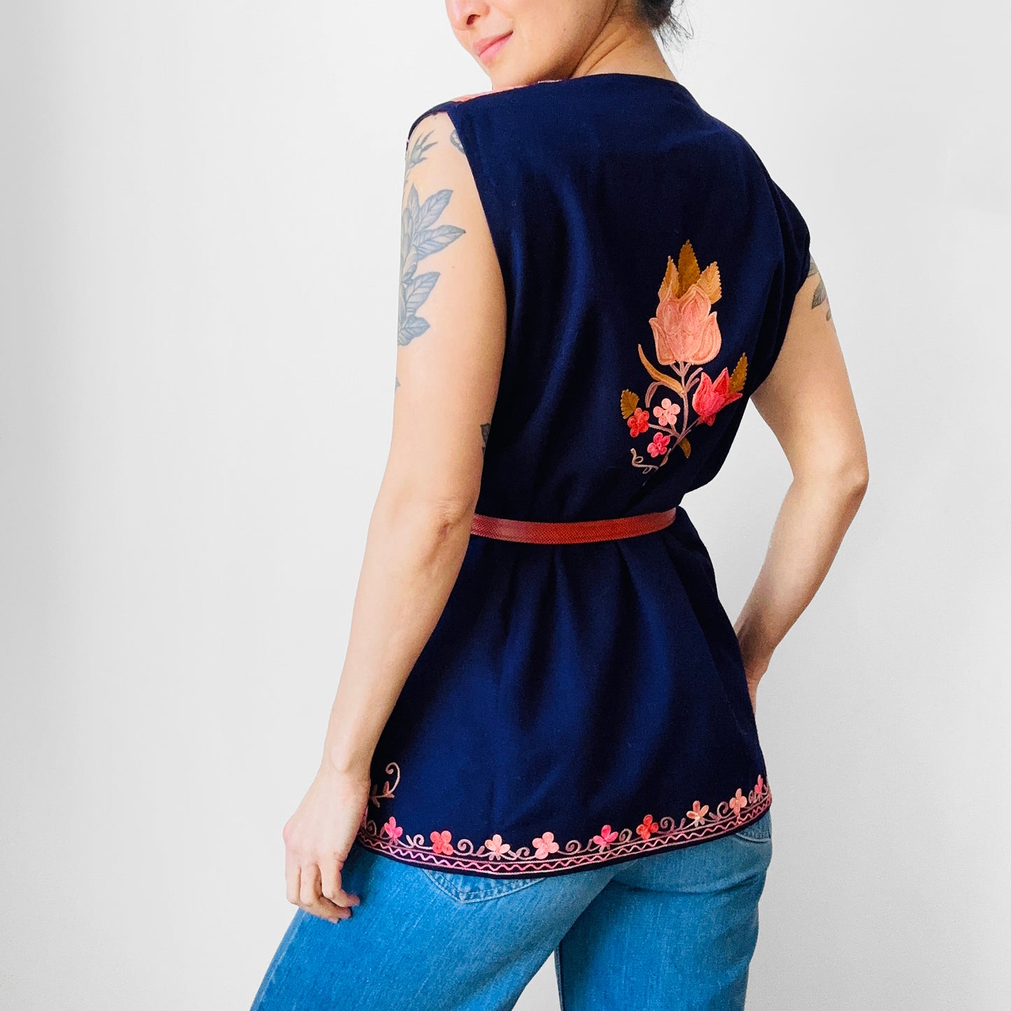 1970s Eggplant Floral Embroidered Wool Vest - Sz. M