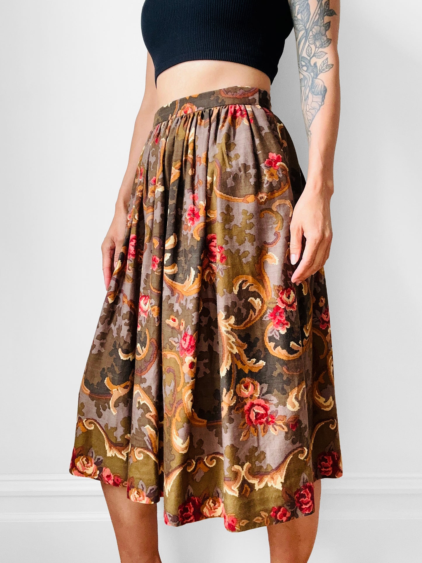 1980s Olive and Pink Pixel Floral Wool Skirt - Sz. XS/Sm