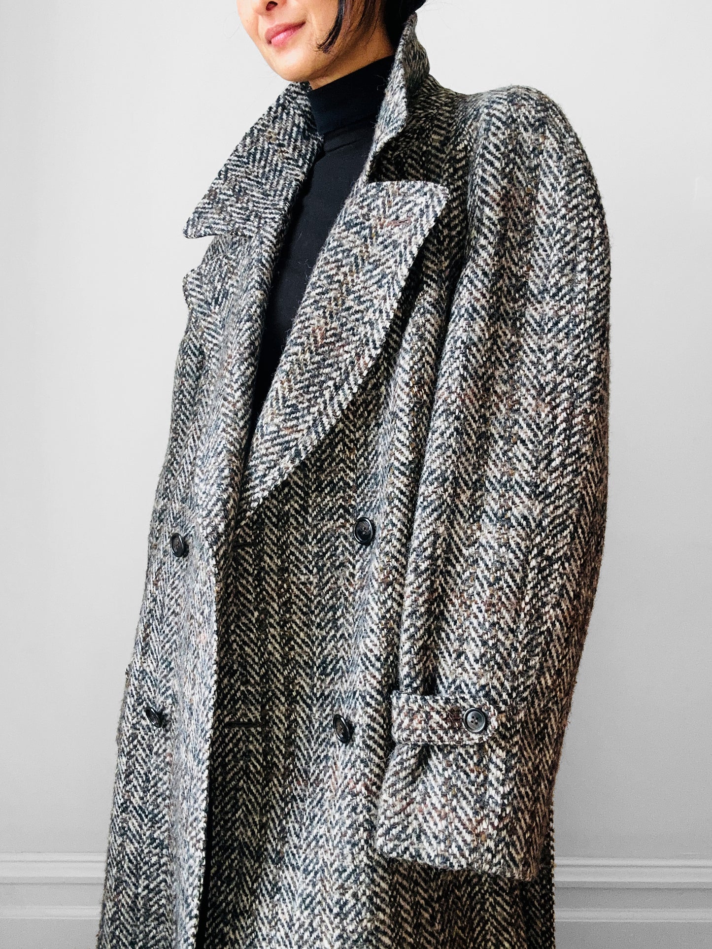 1960s Grey Brown Wool Tweed Picadilly Canada Belted Overcoat - Sz. L/XL