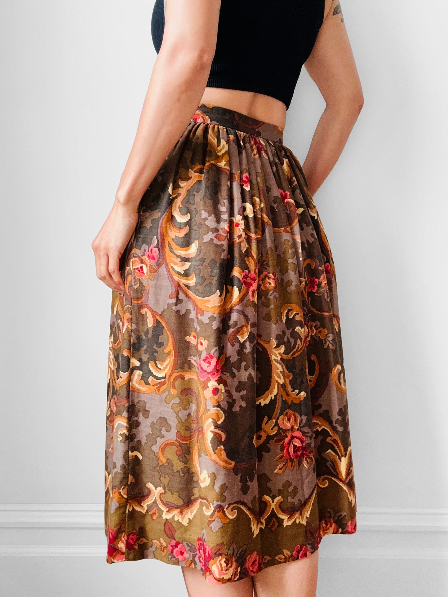 1980s Olive and Pink Pixel Floral Wool Skirt - Sz. XS/Sm