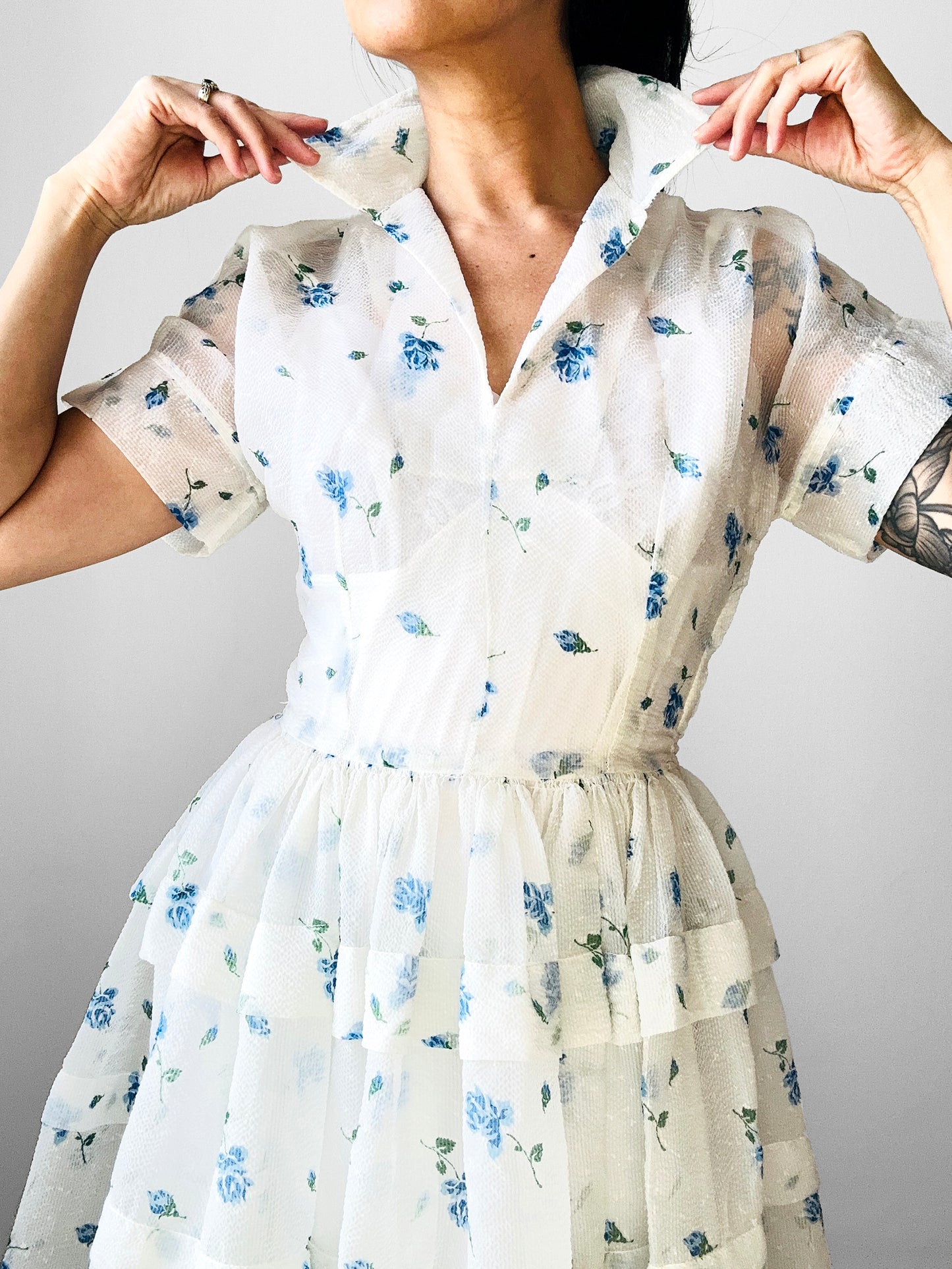 Vintage 1950s - 1960s Handmade White and Blue Sheer Crinoline Floral Tiered Dress - Sz. S