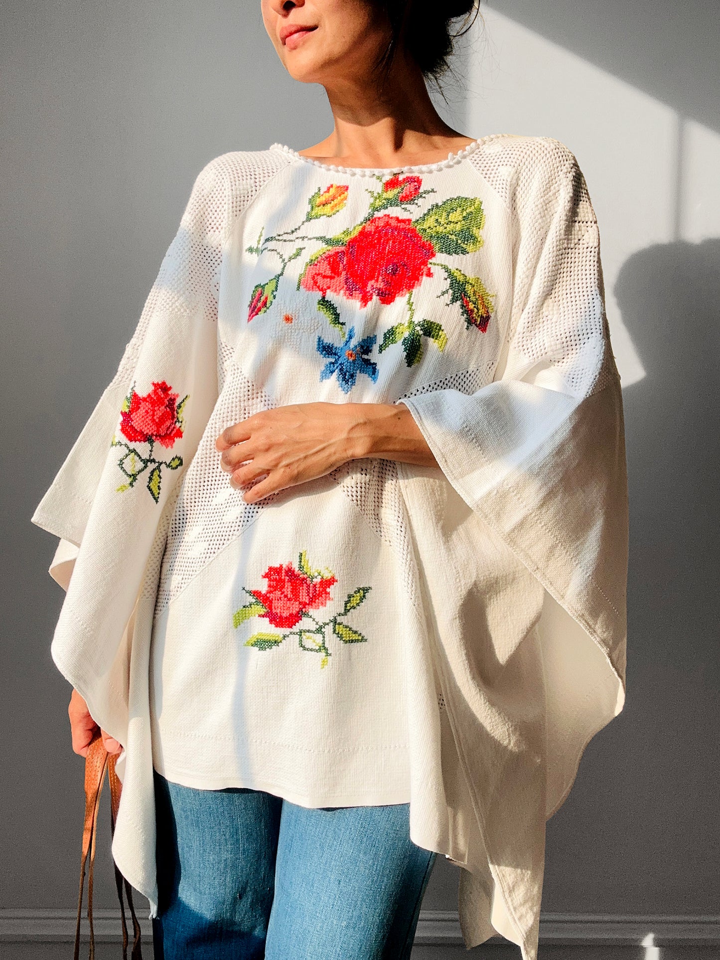 Reworked White Cross Stitch Cotton Tablecloth Top -  Sz. S/M