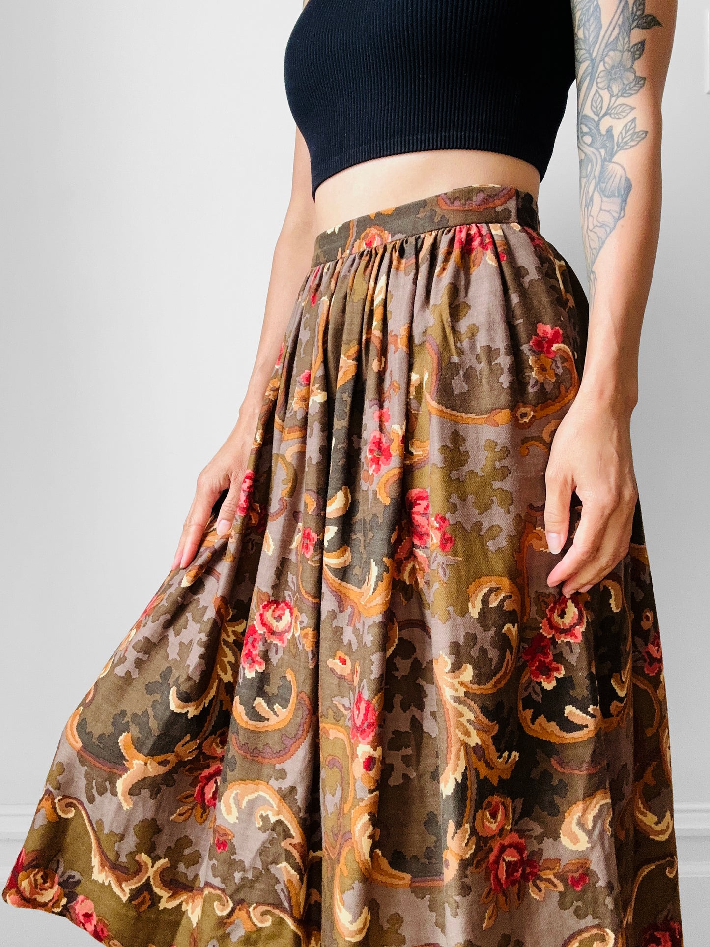 1980s Olive and Pink Pixel Floral Wool Skirt - Sz. XS/Sm