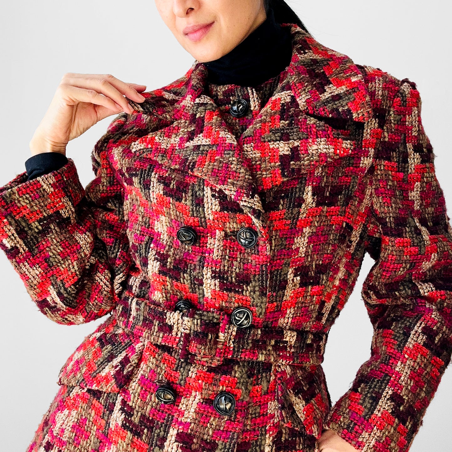 1960s Red Fuschia Plaid Wool Belted Bibbed Jacket - Sz. Small