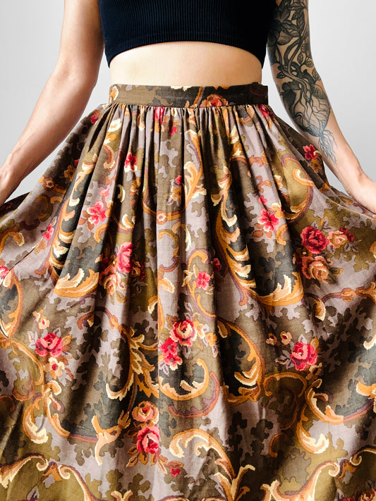 1980s Olive and Pink Pixel Floral Wool Skirt - Sz. XS/Sm