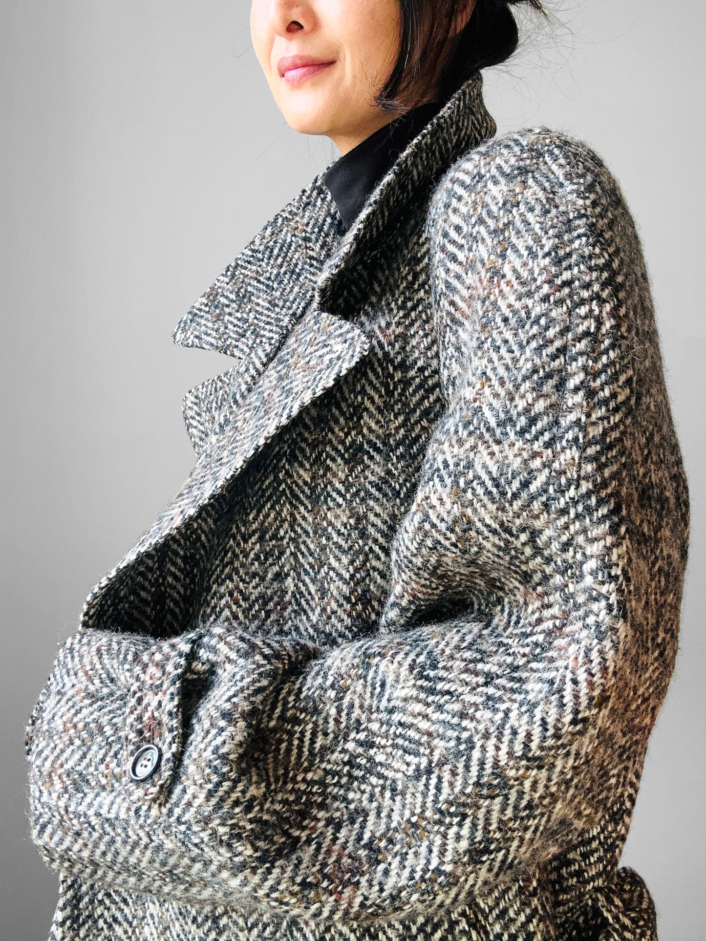 1960s Grey Brown Wool Tweed Picadilly Canada Belted Overcoat - Sz. L/XL