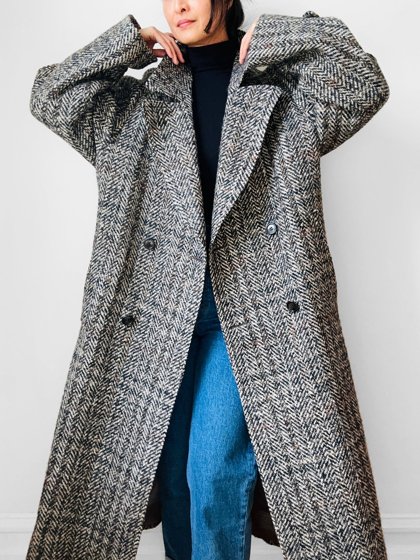 1960s Grey Brown Wool Tweed Picadilly Canada Belted Overcoat - Sz. L/XL