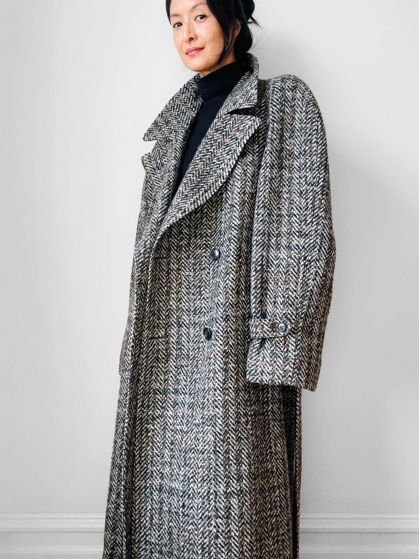 1960s Grey Brown Wool Tweed Picadilly Canada Belted Overcoat - Sz. L/XL