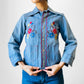 1970s Blue Snap Button Wide Lapel Floral Embroidered Jean Shirt - XXS / XS