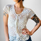 1970s Cream Floral Crochet Knit Button Front Short Sleeve Top - Sz. S