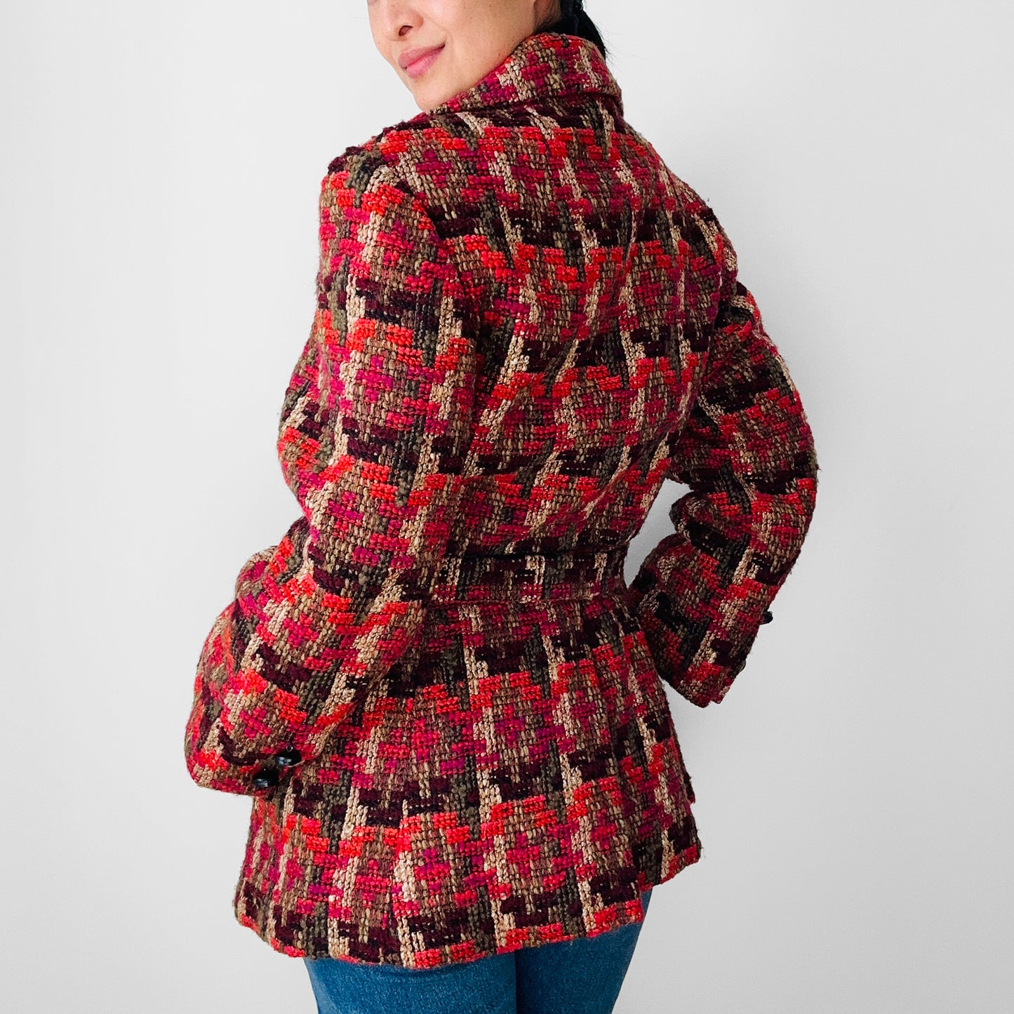 1960s Red Fuschia Plaid Wool Belted Bibbed Jacket - Sz. Small