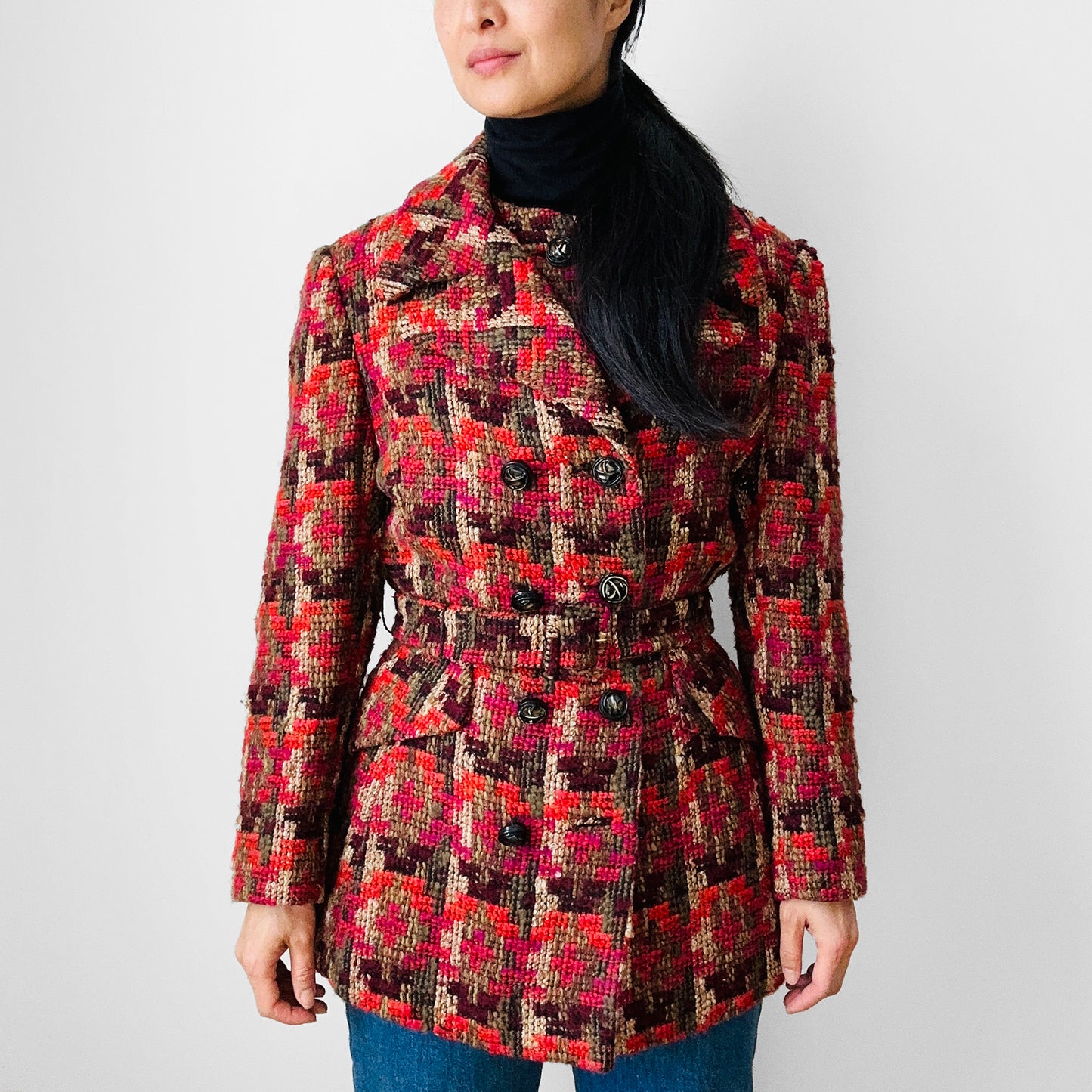 1960s Red Fuschia Plaid Wool Belted Bibbed Jacket - Sz. Small