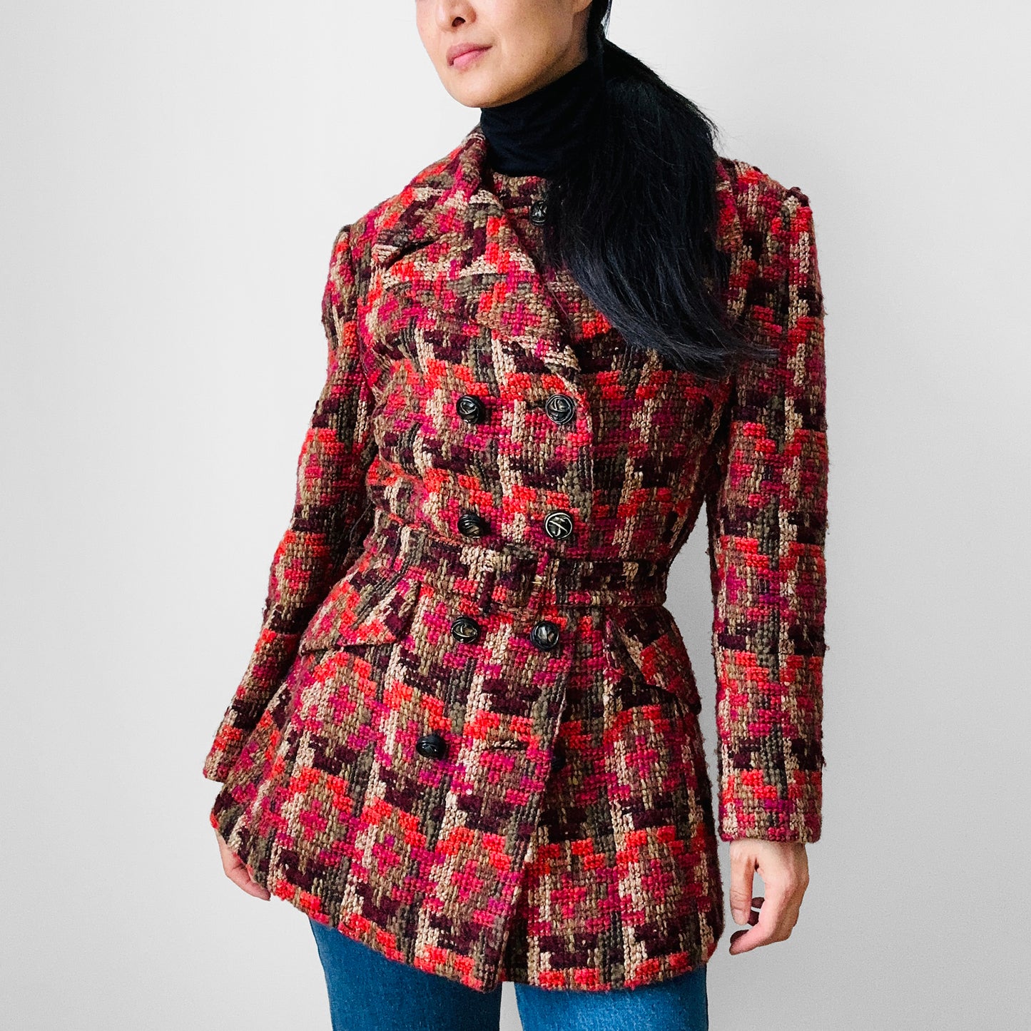 1960s Red Fuschia Plaid Wool Belted Bibbed Jacket - Sz. Small