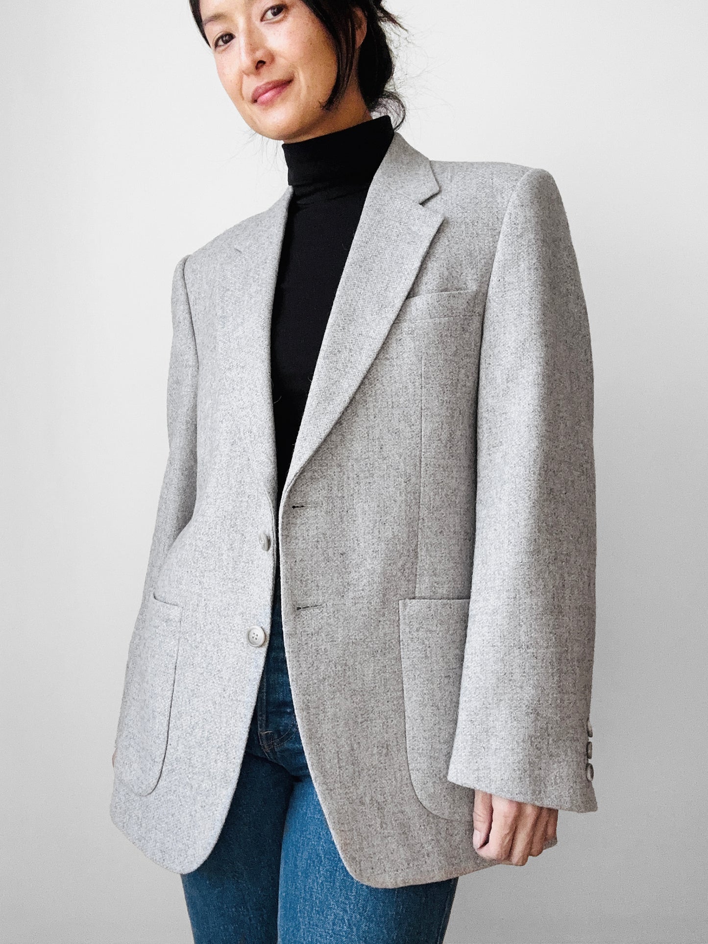 1970s Grey EATON Wool Tweed Fitted Blazer Jacket - Sz. Small