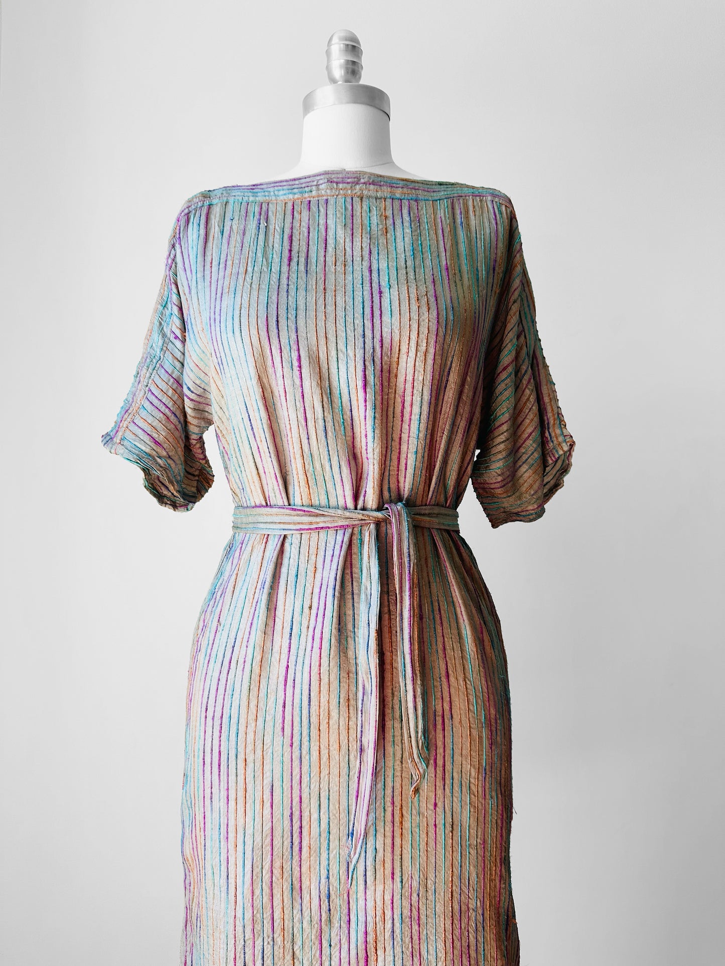1970s Grey Multi-Toned Stripe Raw Silk Belted Shift Dress - Sz. XS