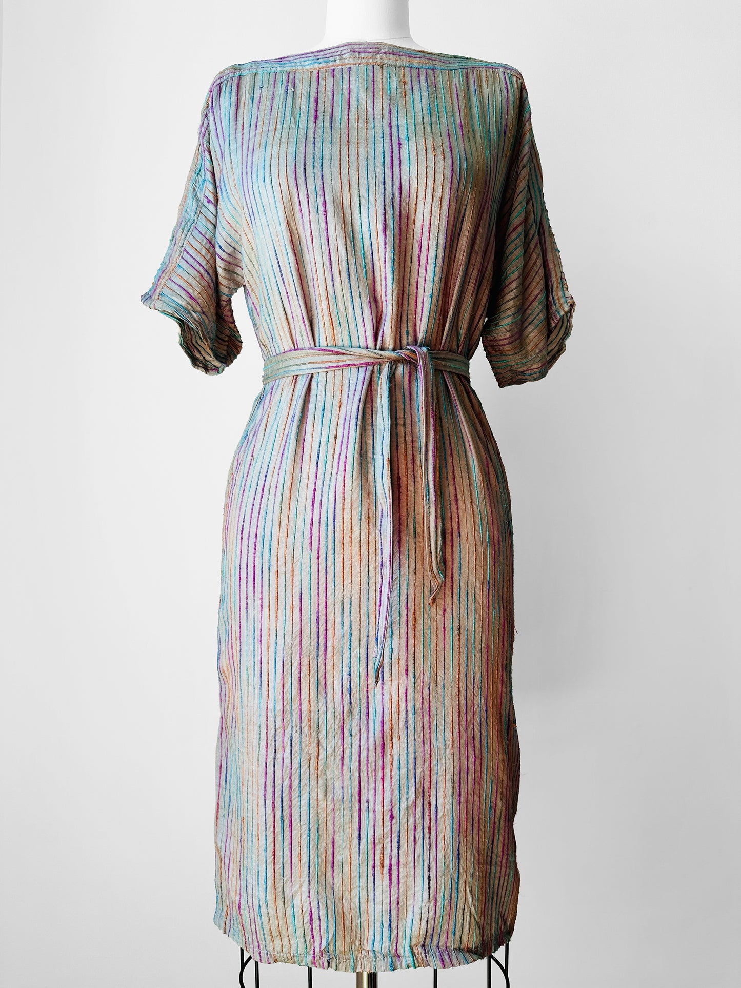 1970s Grey Multi-Toned Stripe Raw Silk Belted Shift Dress - Sz. XS