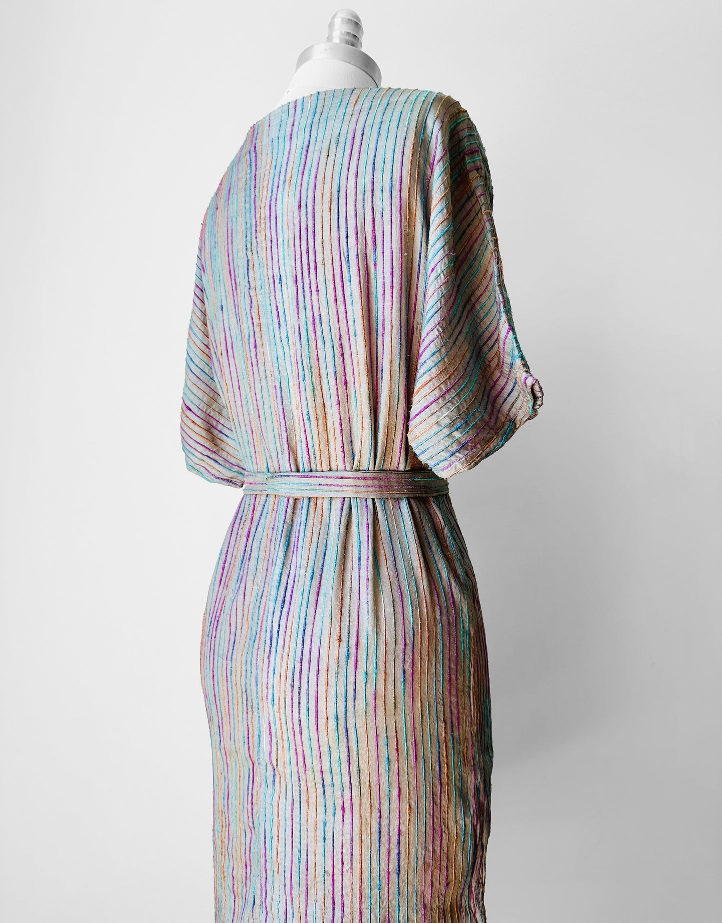 1970s Grey Multi-Toned Stripe Raw Silk Belted Shift Dress - Sz. XS