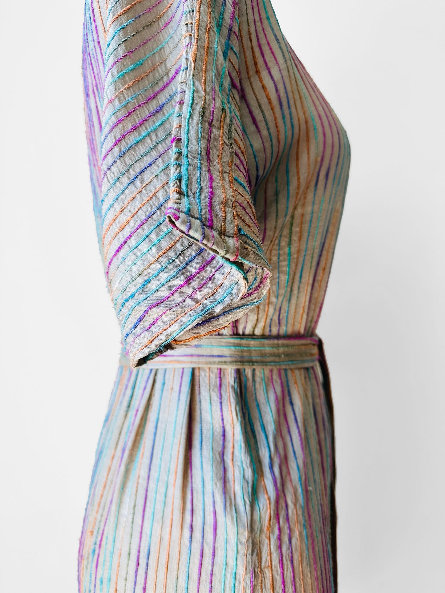 1970s Grey Multi-Toned Stripe Raw Silk Belted Shift Dress - Sz. XS