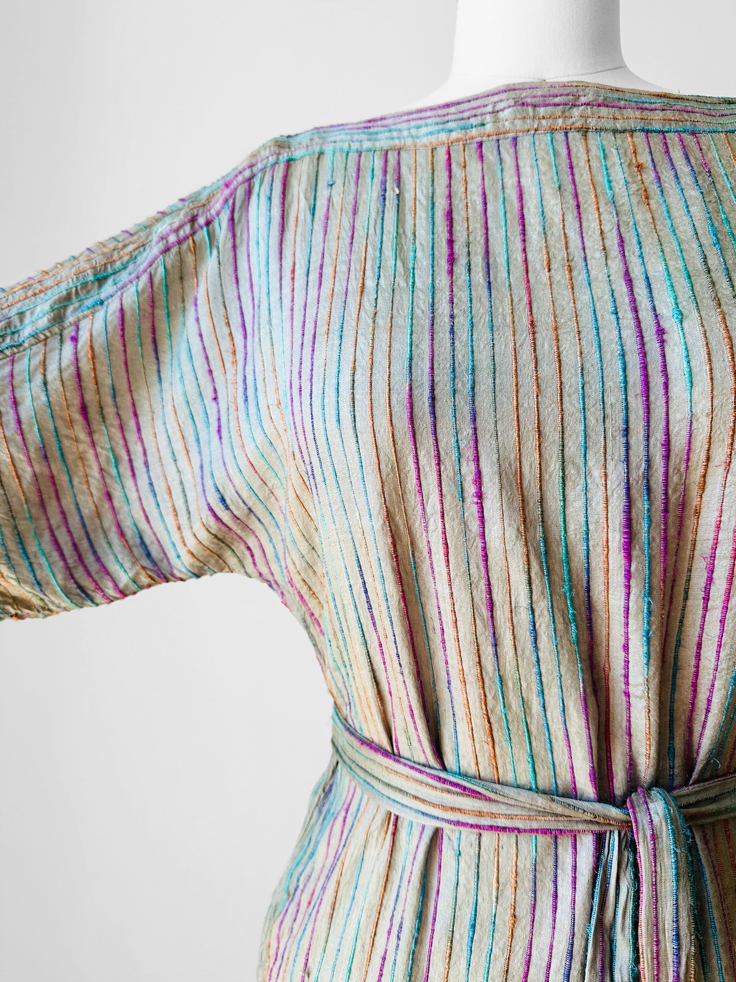 1970s Grey Multi-Toned Stripe Raw Silk Belted Shift Dress - Sz. XS