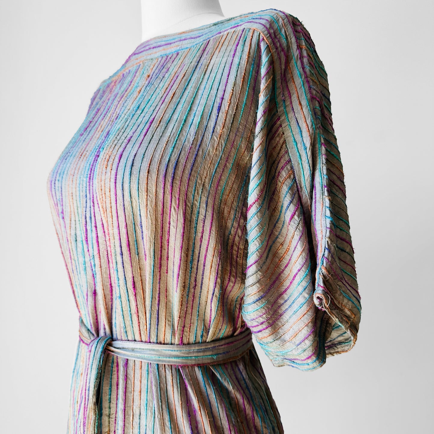 1970s Grey Multi-Toned Stripe Raw Silk Belted Shift Dress - Sz. XS