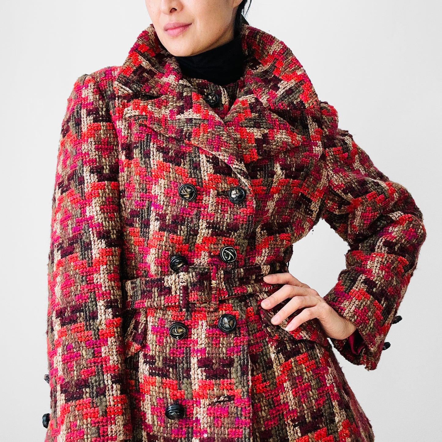 1960s Red Fuschia Plaid Wool Belted Bibbed Jacket - Sz. Small