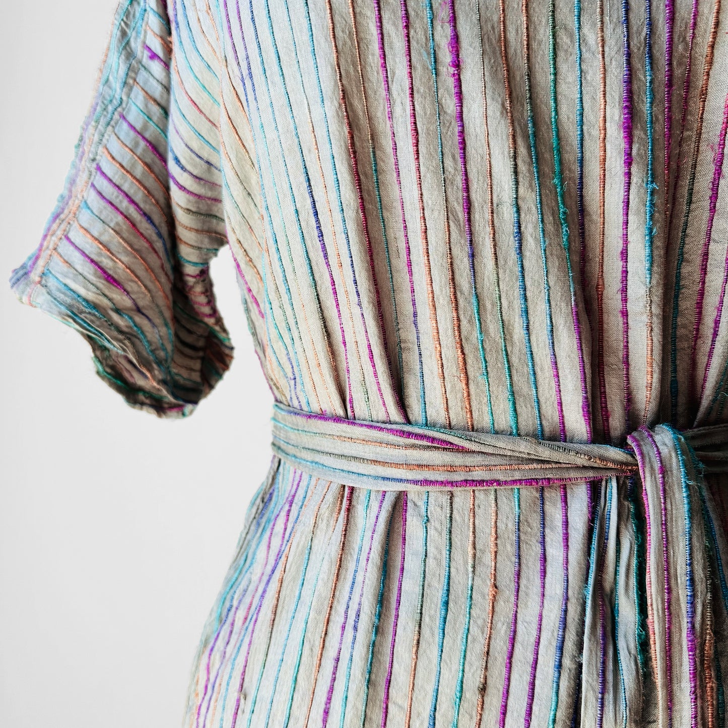 1970s Grey Multi-Toned Stripe Raw Silk Belted Shift Dress - Sz. XS