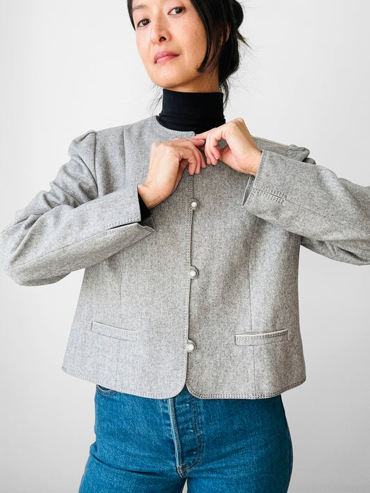 1970s - 1980s Grey Short-Waist Wool Stitched Detail Jacket - Sz. S/M