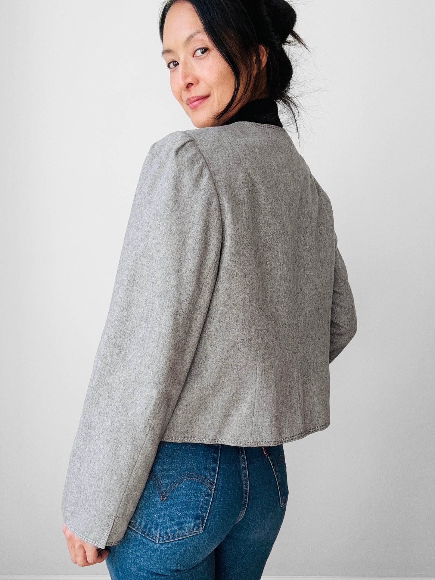 1970s - 1980s Grey Short-Waist Wool Stitched Detail Jacket - Sz. S/M