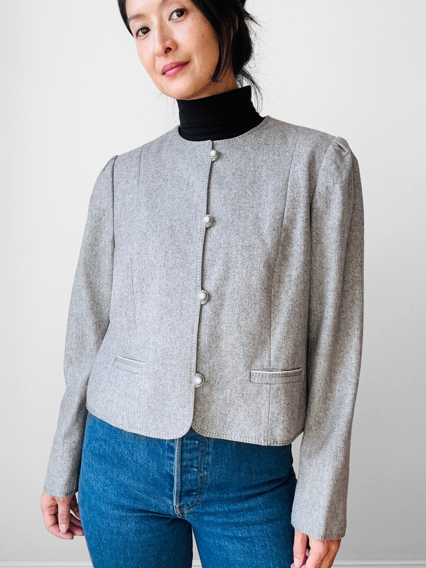 1970s - 1980s Grey Short-Waist Wool Stitched Detail Jacket - Sz. S/M