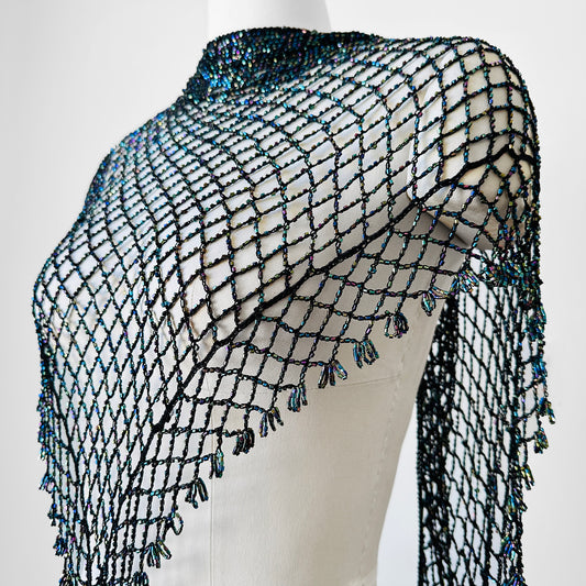 1990s Crochet Mesh Beaded Scarf Wrap Shawl