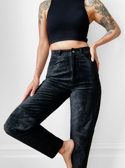 1990s Black High-Waisted Fitted Suede Leather Pant - Sz. Small