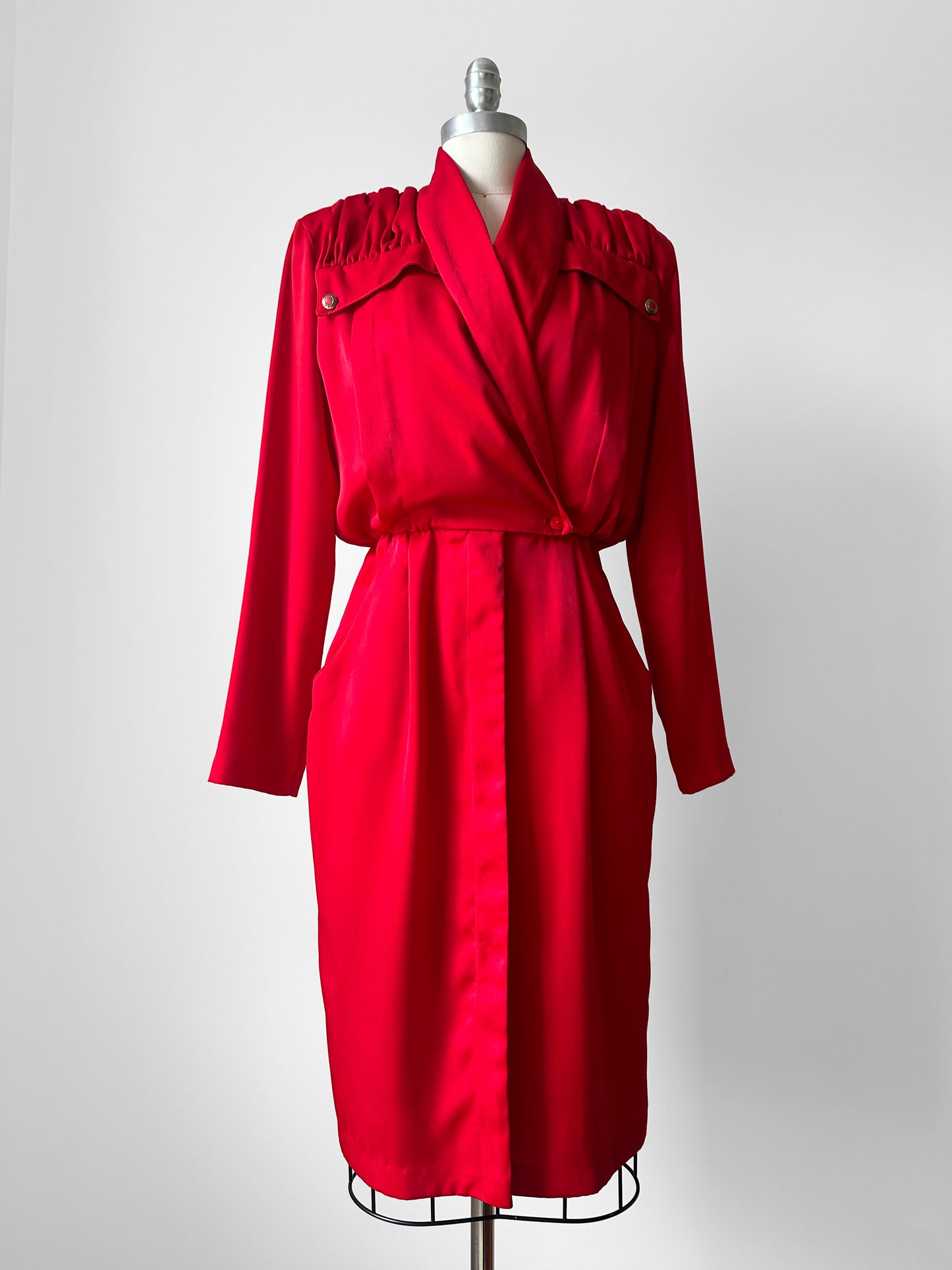 1980s Ruby Red Pleated Accent Dress - Sz. S