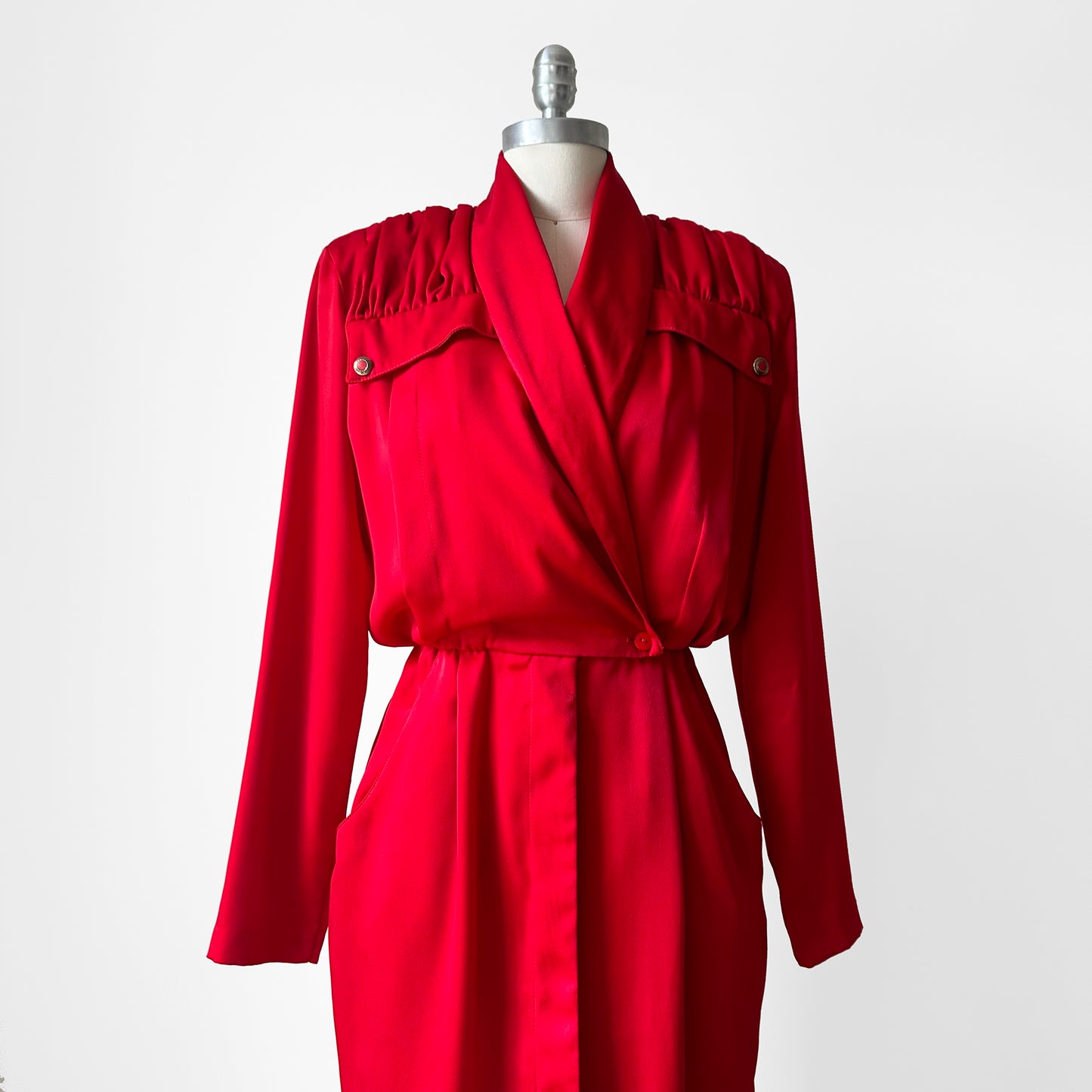 1980s Ruby Red Pleated Accent Dress - Sz. S