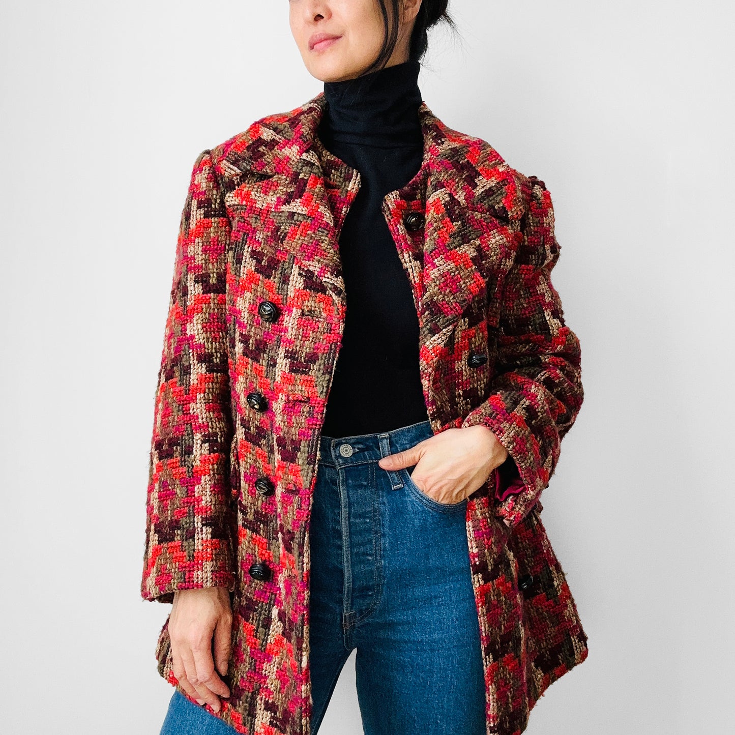 1960s Red Fuschia Plaid Wool Belted Bibbed Jacket - Sz. Small