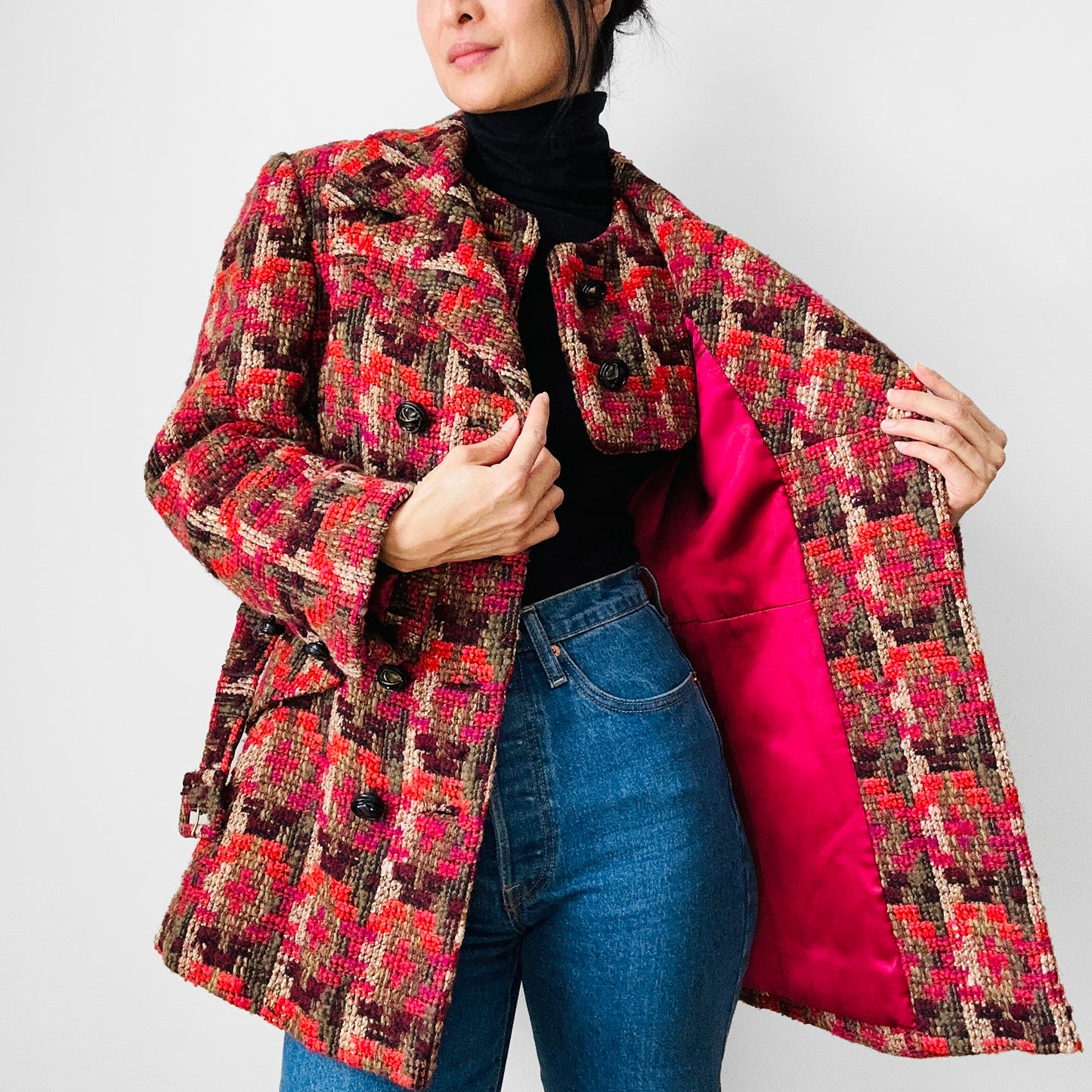 1960s Red Fuschia Plaid Wool Belted Bibbed Jacket - Sz. Small