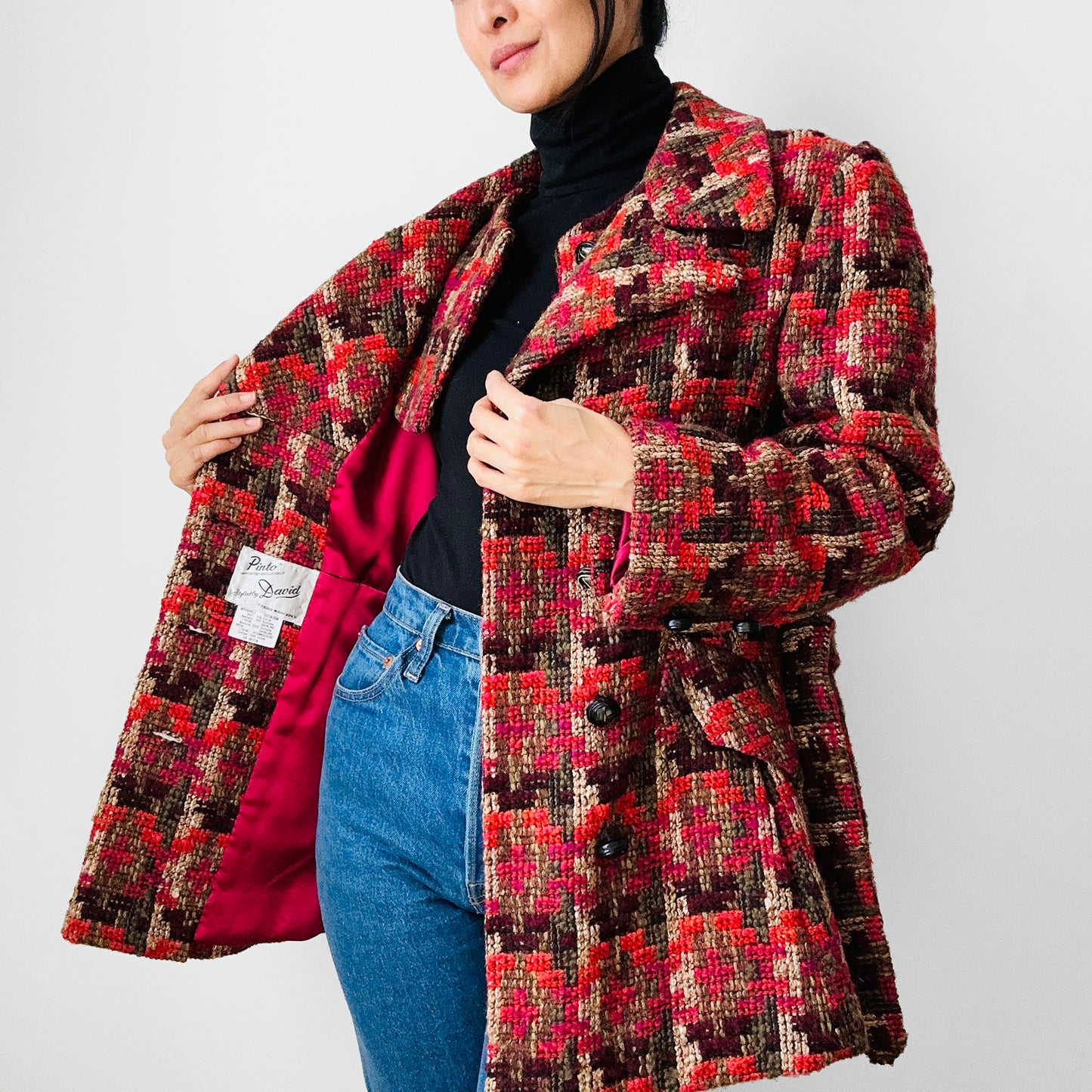 1960s Red Fuschia Plaid Wool Belted Bibbed Jacket - Sz. Small