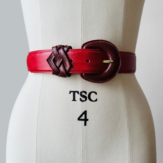 1980s Cherry Red Textured Leather Belt - 30-34 inch waist