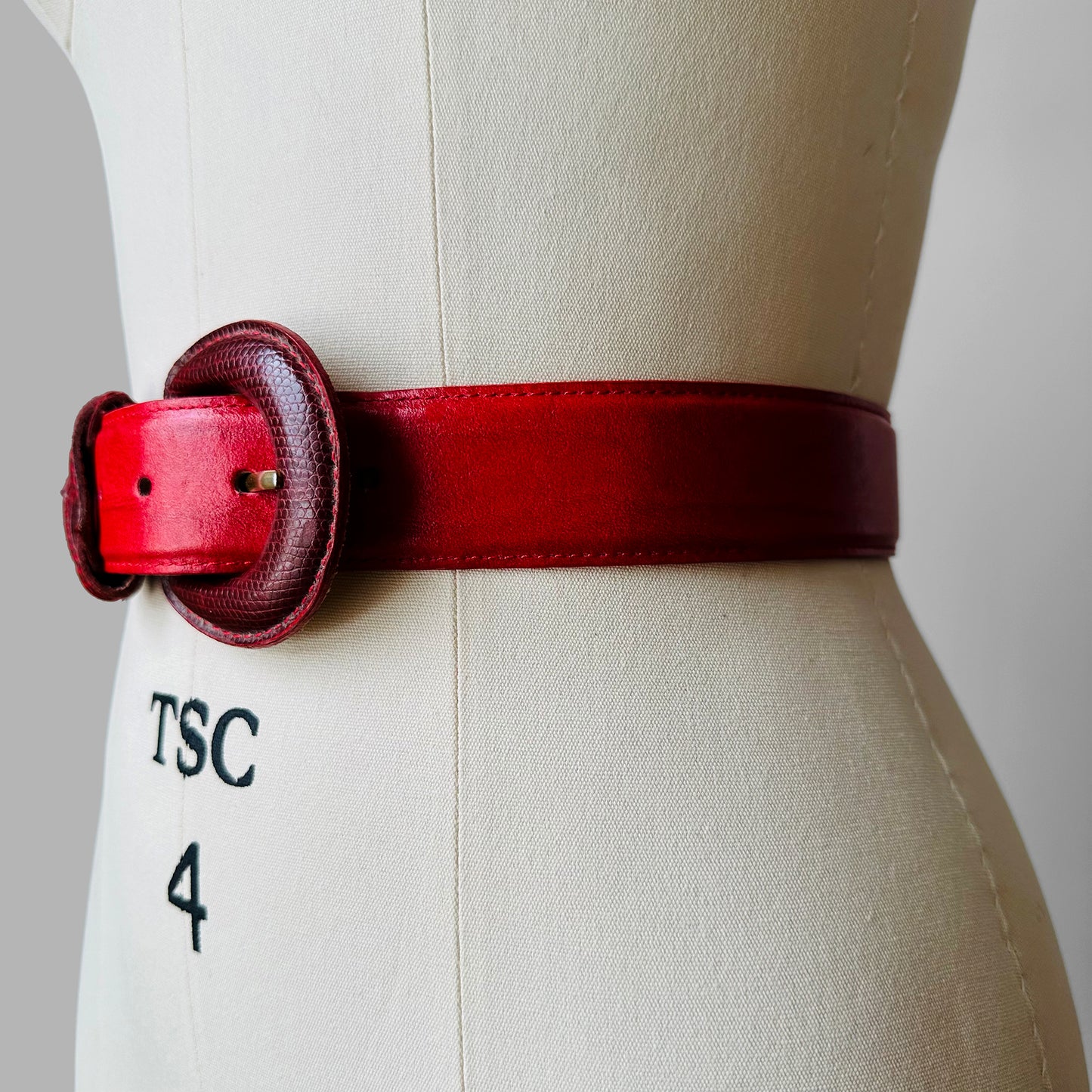 1980s Cherry Red Textured Leather Belt - 30-34 inch waist