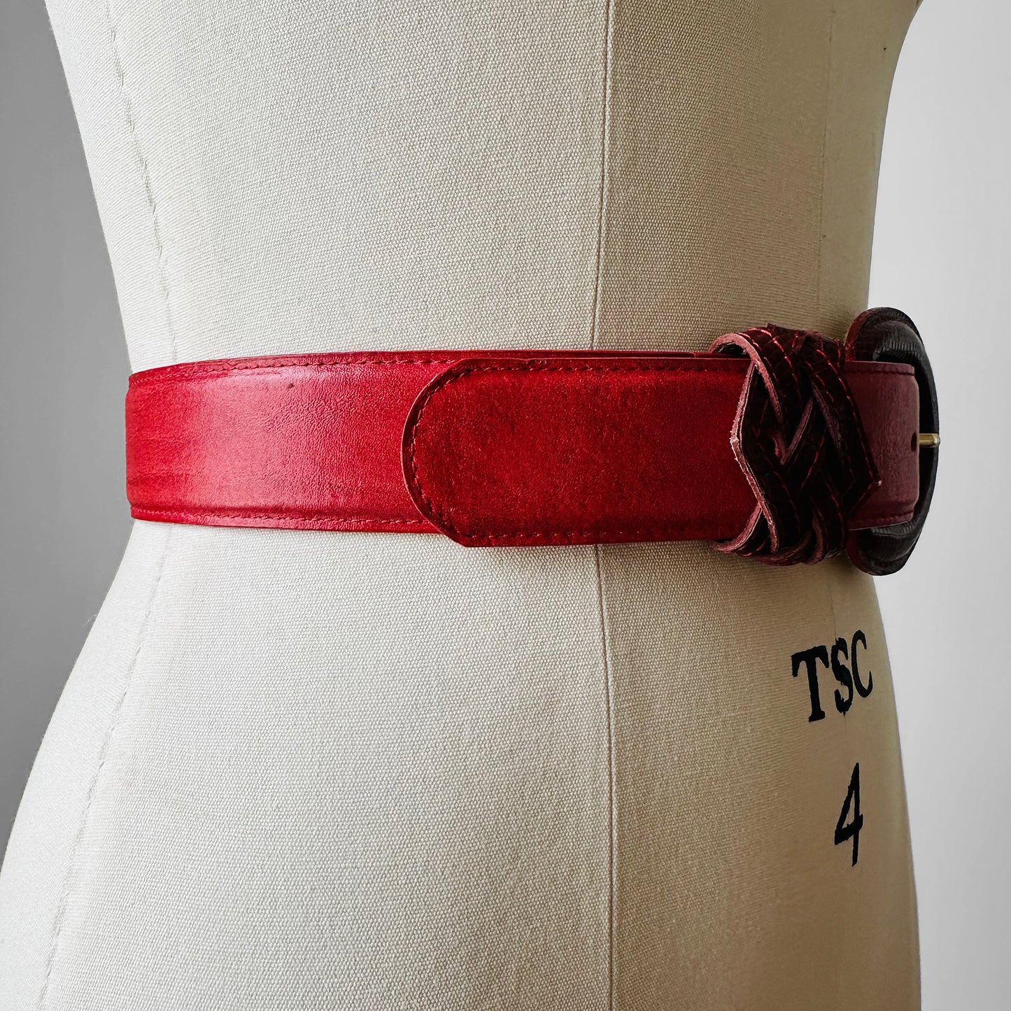 1980s Cherry Red Textured Leather Belt - 30-34 inch waist