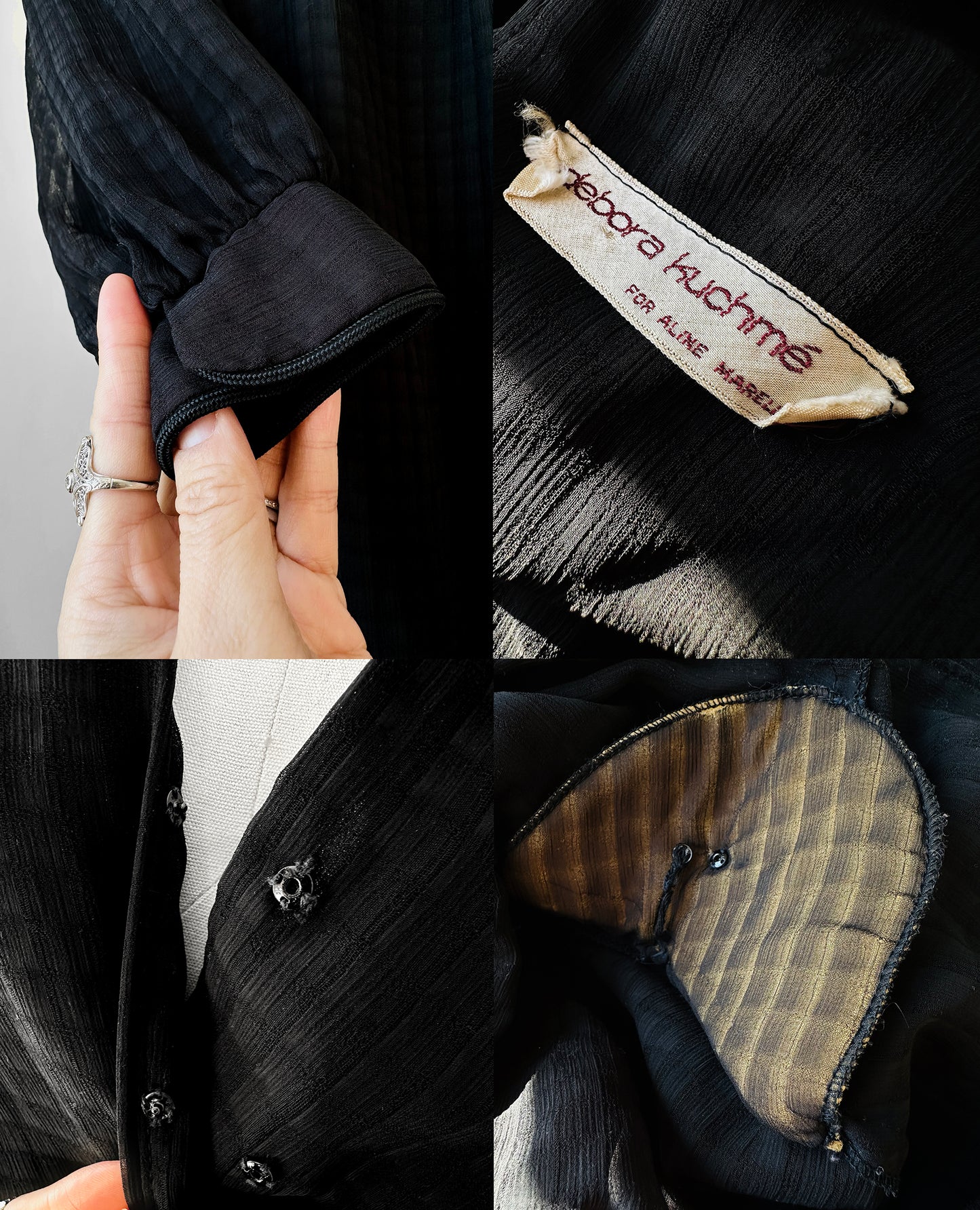 1980s - 1990s Black Patterned Semi Sheer V-neck Tone-On-Tone Dress - Sz. XS/S