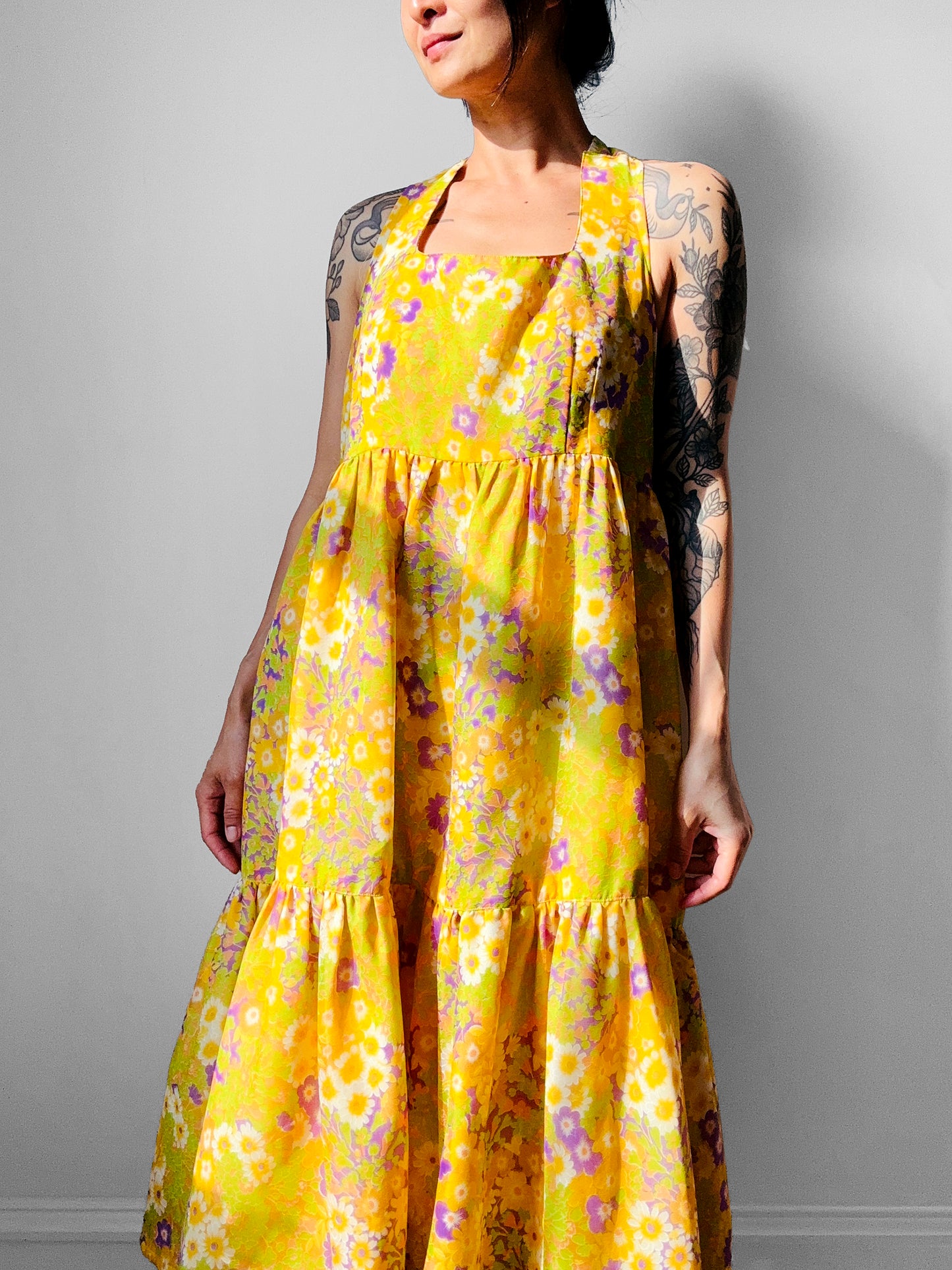 1960s - 1970s Handmade Floral Halter Prairie Summer Dress - Sz. M/L