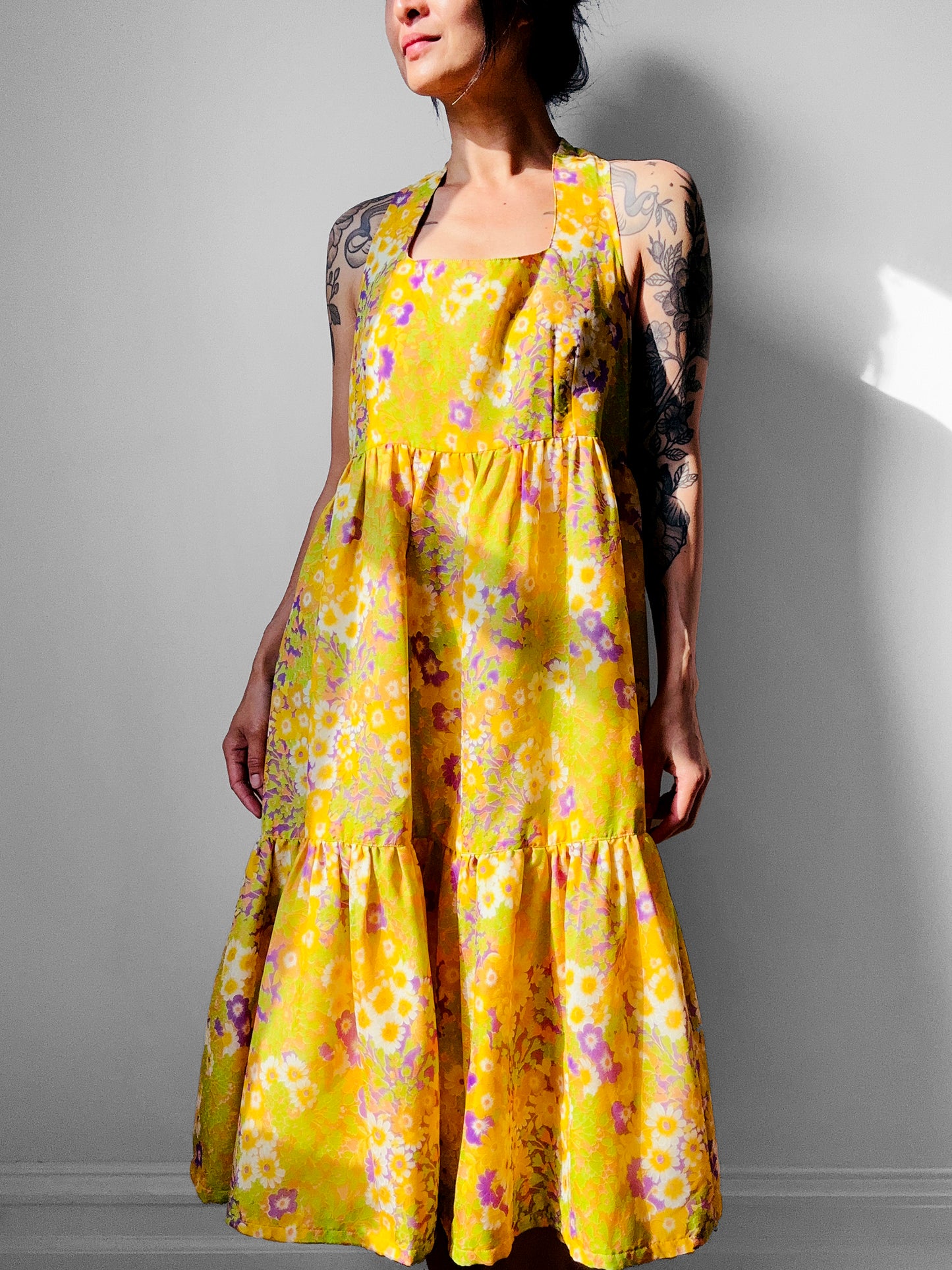 1960s - 1970s Handmade Floral Halter Prairie Summer Dress - Sz. M/L