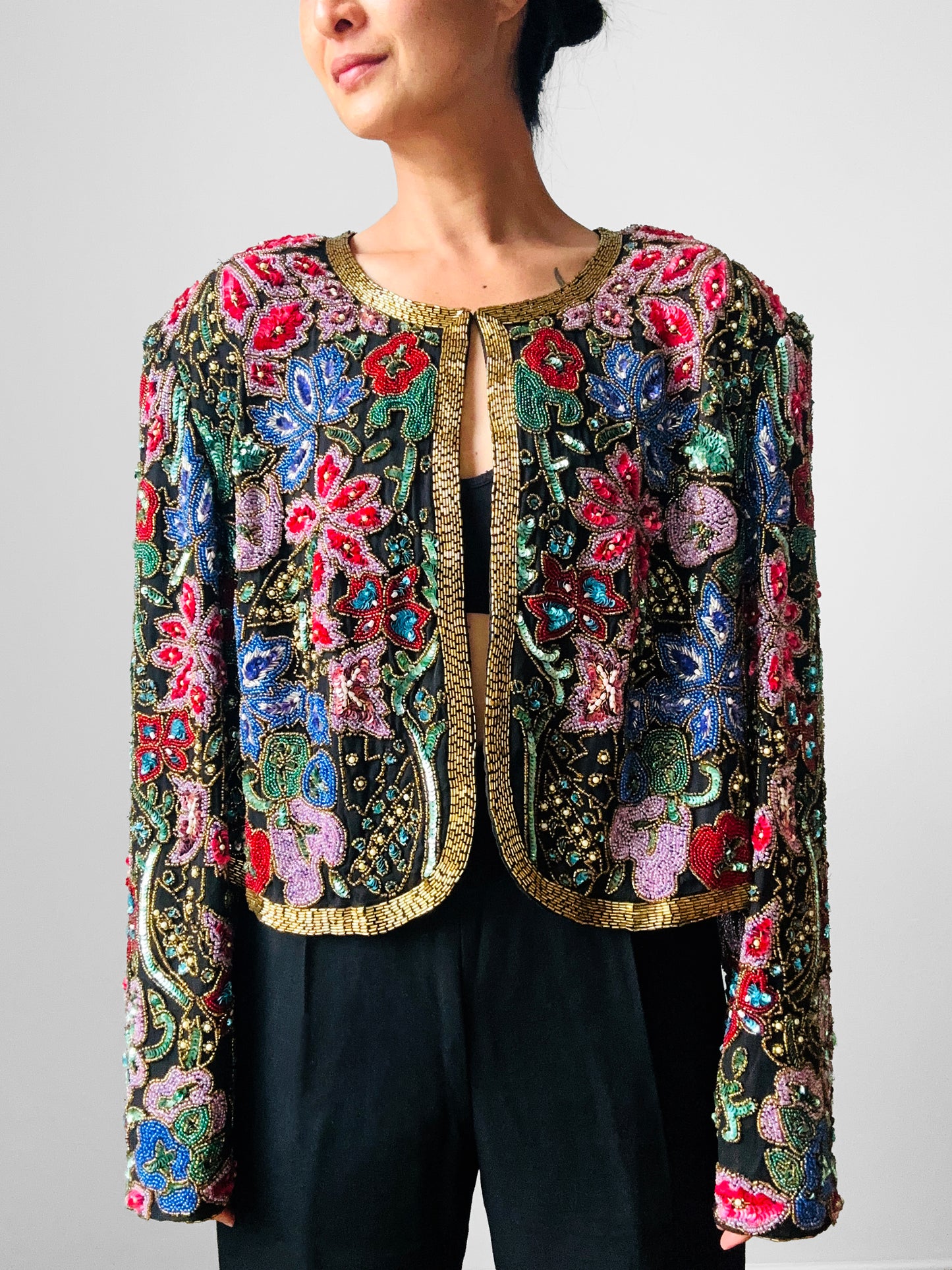 1980s Multi-Toned Beaded Sequins Open-Front Crop Silk Jacket - Sz. M/L