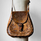 1970s Distressed Well-Worn Structured Floral Tooled Leather Boho Style Bag Purse