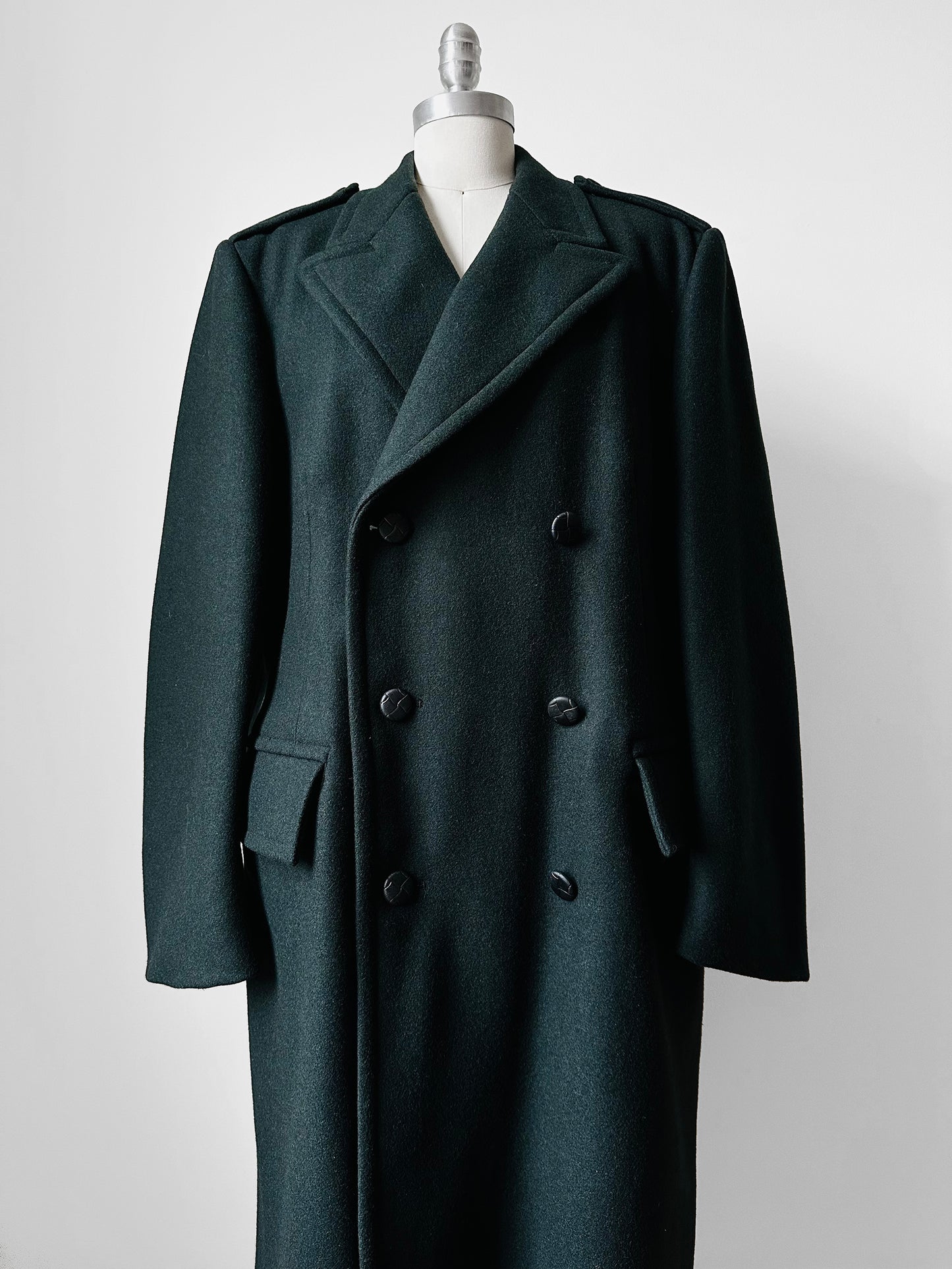 Hunter Green Double-Breasted Heavy Wool Military Trench Overcoat - Sz. M/L